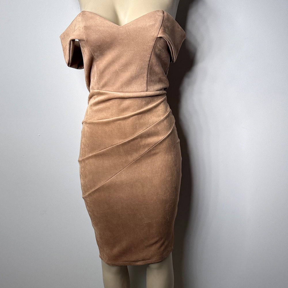 privy One-Shoulder Faux-Suede Sheath Dress in Camel